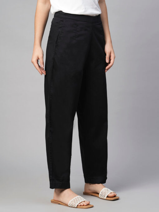 Women's Black Cotton Elastane Regular Fit Pant - Image 4