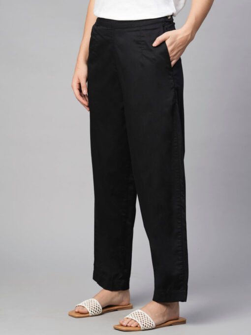 Women's Black Cotton Elastane Regular Fit Pant - Image 3