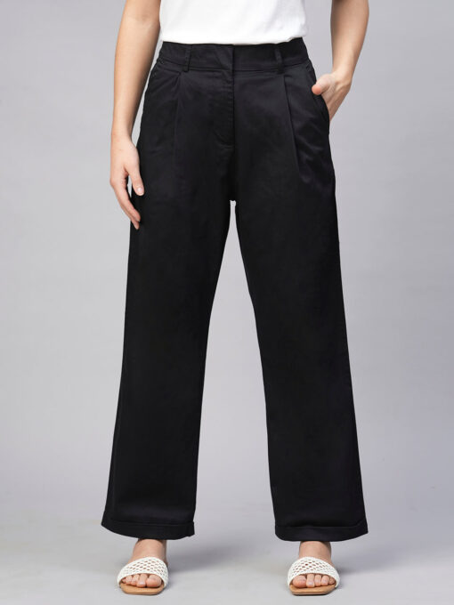 Women's Black Cotton Elastane Straight Fit Pant - Image 2