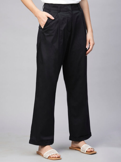 Women's Black Cotton Elastane Straight Fit Pant - Image 4