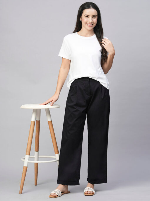 Women's Black Cotton Elastane Straight Fit Pant