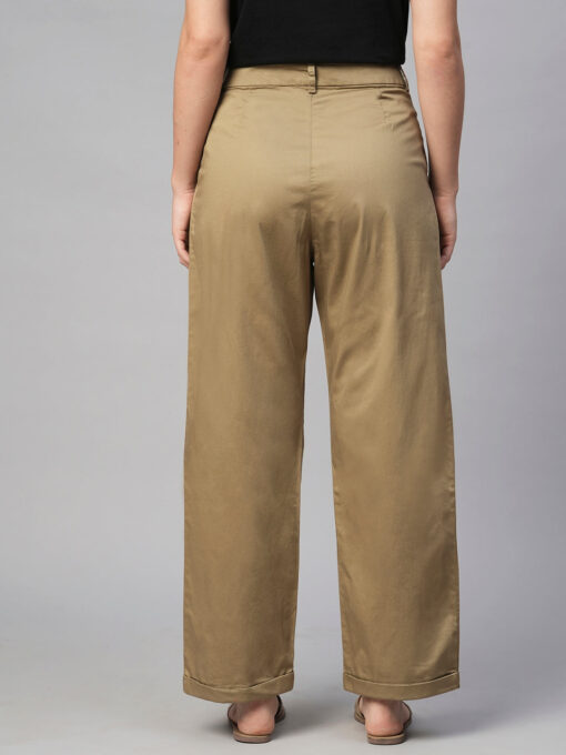 Women's Khaki Cotton Elastane Straight Fit Pant - Image 5