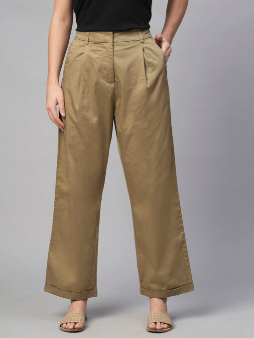 Women's Khaki Cotton Elastane Straight Fit Pant - Image 2