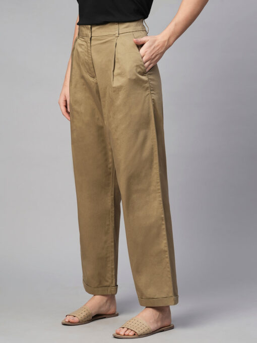 Women's Khaki Cotton Elastane Straight Fit Pant - Image 3