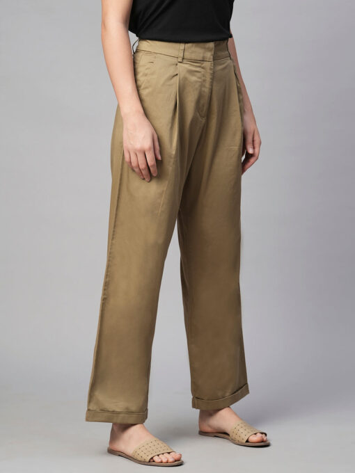 Women's Khaki Cotton Elastane Straight Fit Pant - Image 4