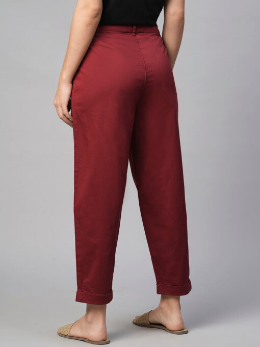 Women's Cotton Elastane Maroon/Red Loose Fit Pant - Image 5