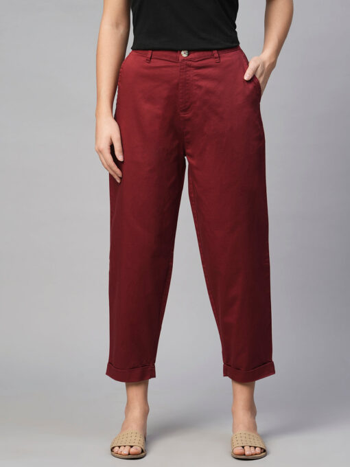 Women's Cotton Elastane Maroon/Red Loose Fit Pant - Image 2