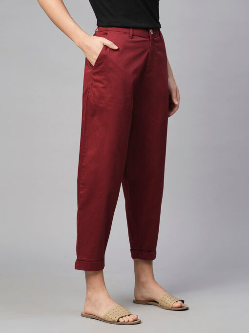 Women's Cotton Elastane Maroon/Red Loose Fit Pant - Image 4