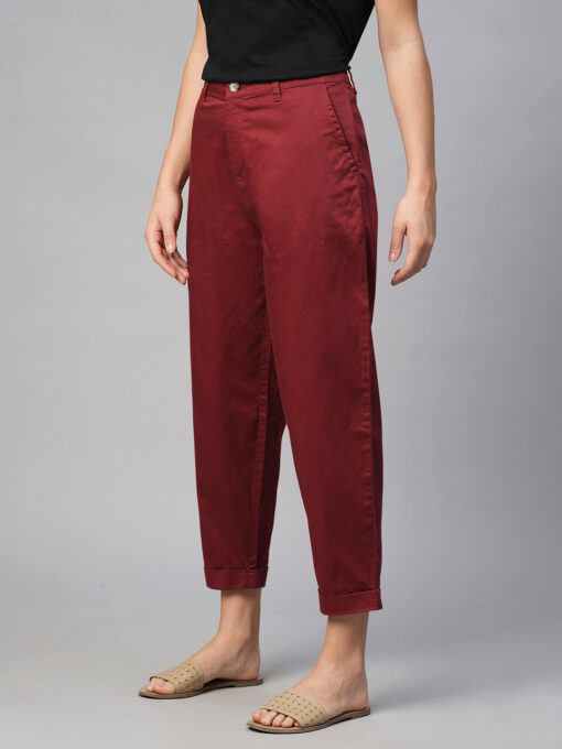 Women's Cotton Elastane Maroon/Red Loose Fit Pant - Image 3