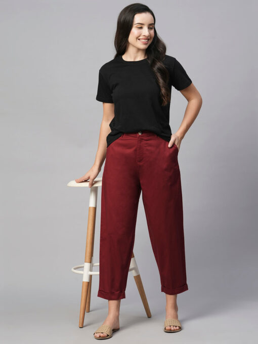 Women's Cotton Elastane Maroon/Red Loose Fit Pant