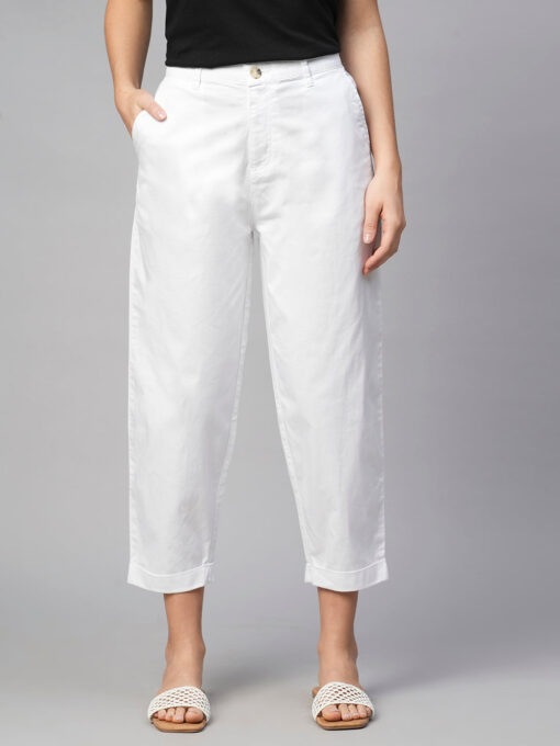 Women's White Cotton Elastane Loose Fit Pant - Image 2