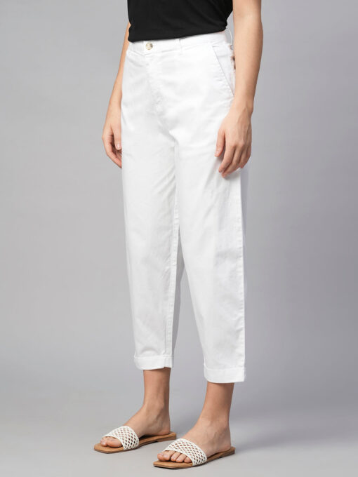 Women's White Cotton Elastane Loose Fit Pant - Image 3