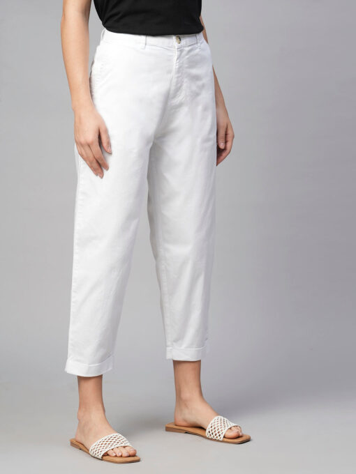 Women's White Cotton Elastane Loose Fit Pant - Image 4