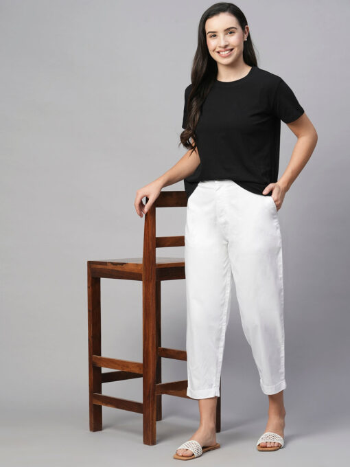 Women's White Cotton Elastane Loose Fit Pant