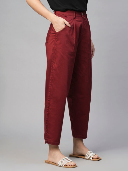 Women's Maroon/Red Cotton Elastane Loose Fit Pant - Image 4