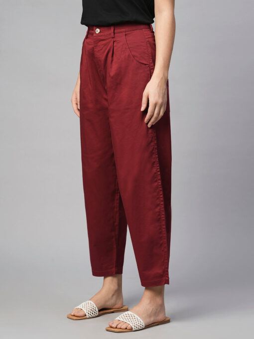 Women's Maroon/Red Cotton Elastane Loose Fit Pant - Image 3