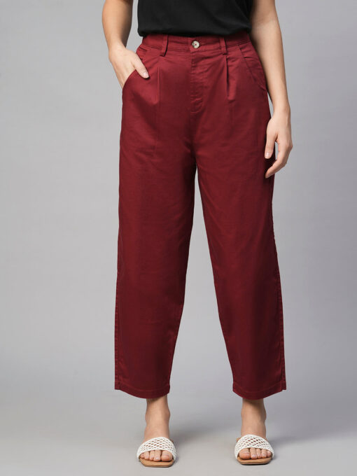 Women's Maroon/Red Cotton Elastane Loose Fit Pant - Image 2