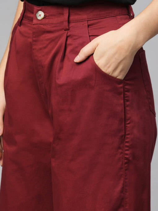 Women's Maroon/Red Cotton Elastane Loose Fit Pant - Image 6