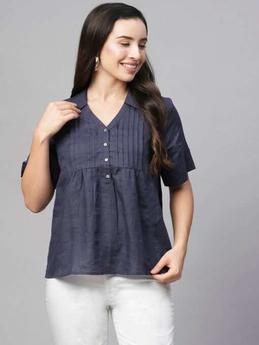 Women's Purple Linen Regular Fit Blouse - Image 2