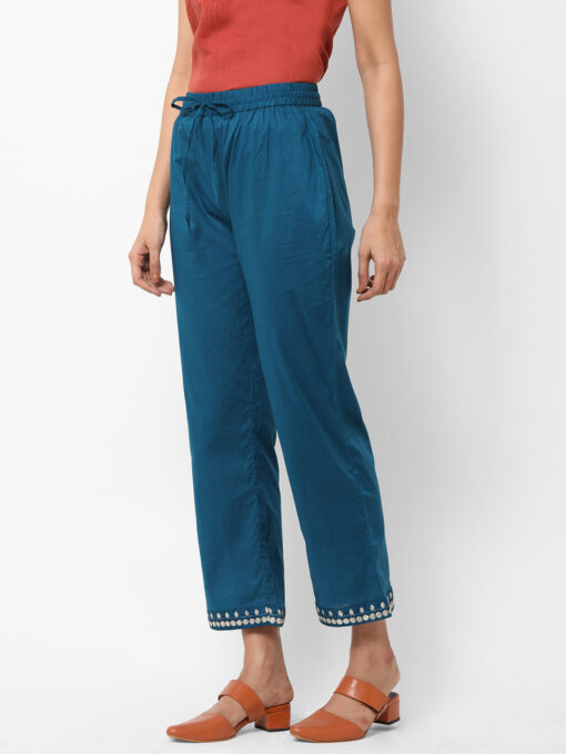 Women's Teal Cotton Regular Fit Pants - Image 2