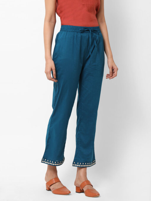 Women's Teal Cotton Regular Fit Pants - Image 3