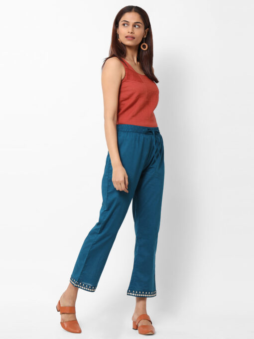 Women's Teal Cotton Regular Fit Pants - Image 5