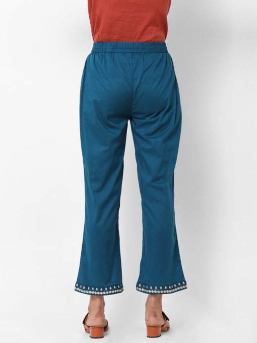 Women's Teal Cotton Regular Fit Pants - Image 4