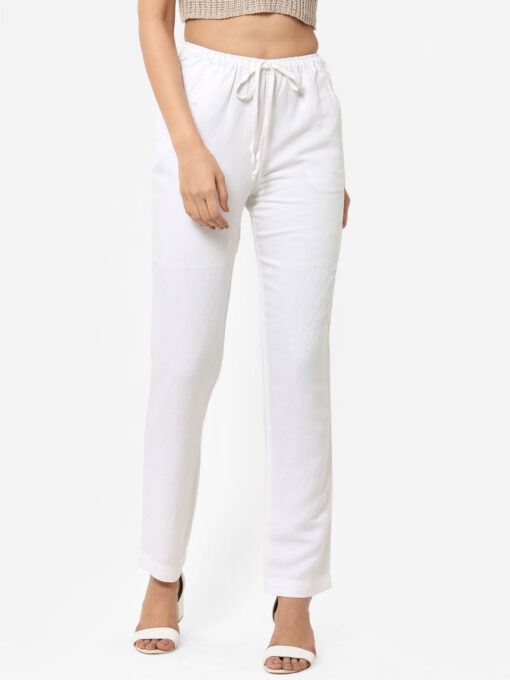 Women's White Linen Regular Fit Pant - Image 2