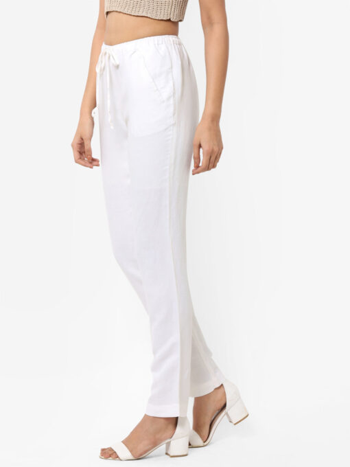 Women's White Linen Regular Fit Pant - Image 3