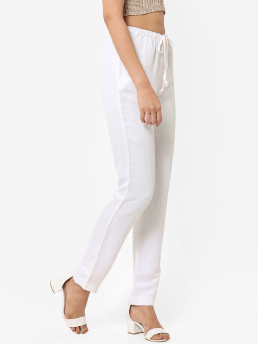 Women's White Linen Regular Fit Pant - Image 4