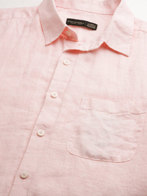 Men's 100% Linen Pink Regular Fit Short Sleeved Shirt - Image 8