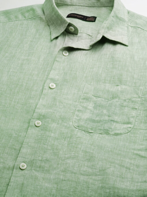 Men's Pista Green 100% Linen Regular Fit Long Sleeved Shirt - Image 8