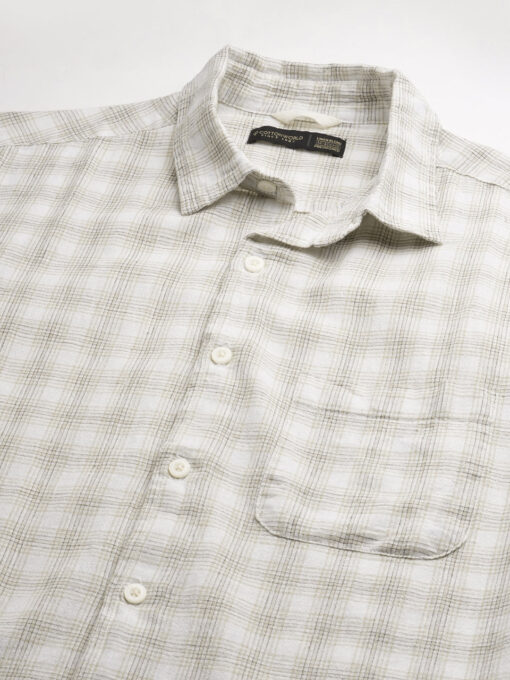 Men's Khaki Linen Cotton Regular Fit Checked Shirt - Image 8