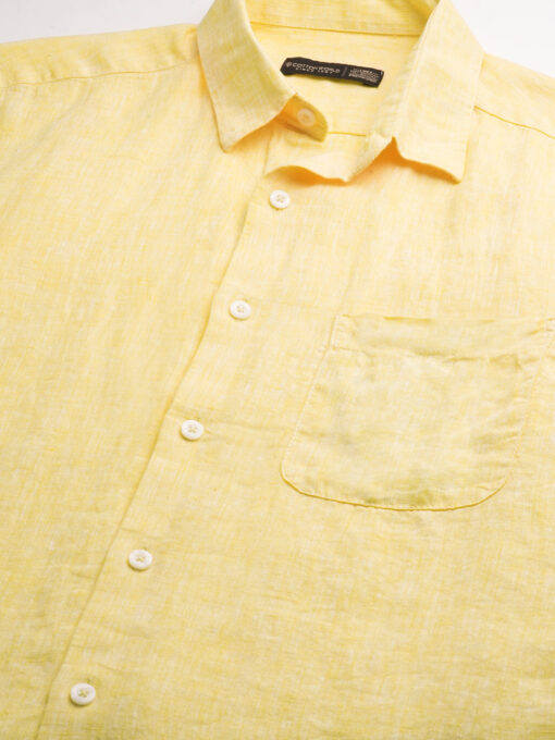 Men's Yellow 100% Linen Regular Fit Short Sleeved Shirt - Image 8