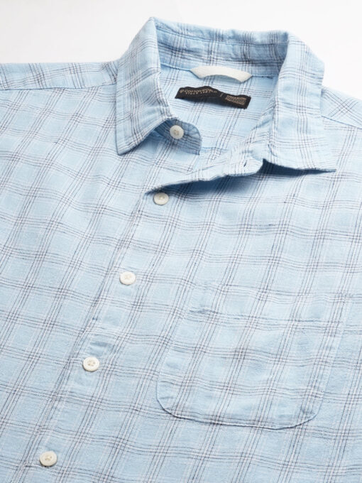 Men's Blue Linen Cotton Regular Fit Checked Shirt - Image 8