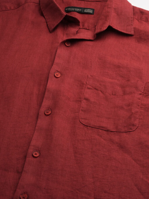 Men's 100% Linen Red Regular Fit Long Sleeved Shirt - Image 8