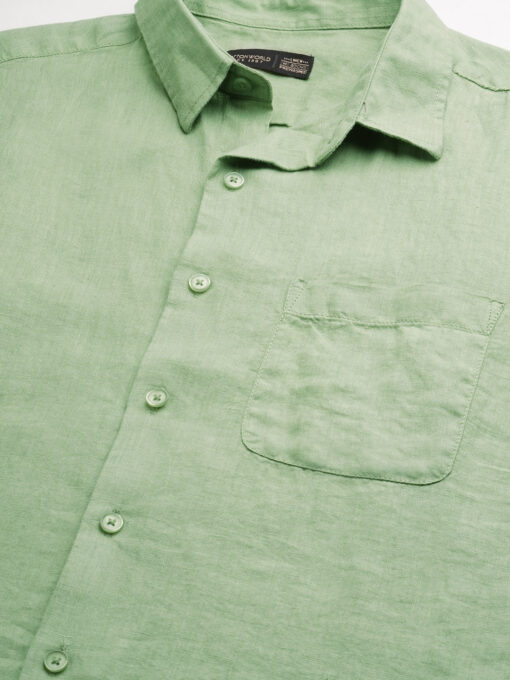 Men's 100% Linen Green Regular Fit Long Sleeved Shirt - Image 8