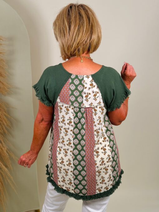 Linen Blend Scoop Neck Shirt, Frayed Hem & Mixed Print Back - 2 Color Options - Available Small Through Extended Sizes - Final Sale - Image 5