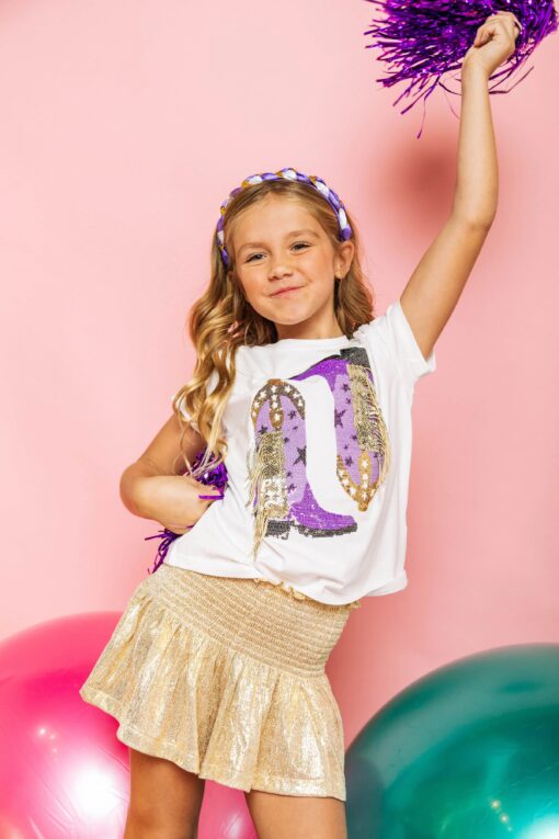 QUEEN OF SPARKLES-KIDS PURPLE/GOLD FRINGE BOOT TEE - Image 2