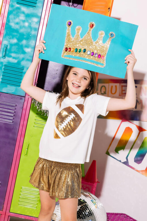 QUEEN OF SPARKLES-KIDS GOLD FOOTBALL WHITE TEE - Image 2