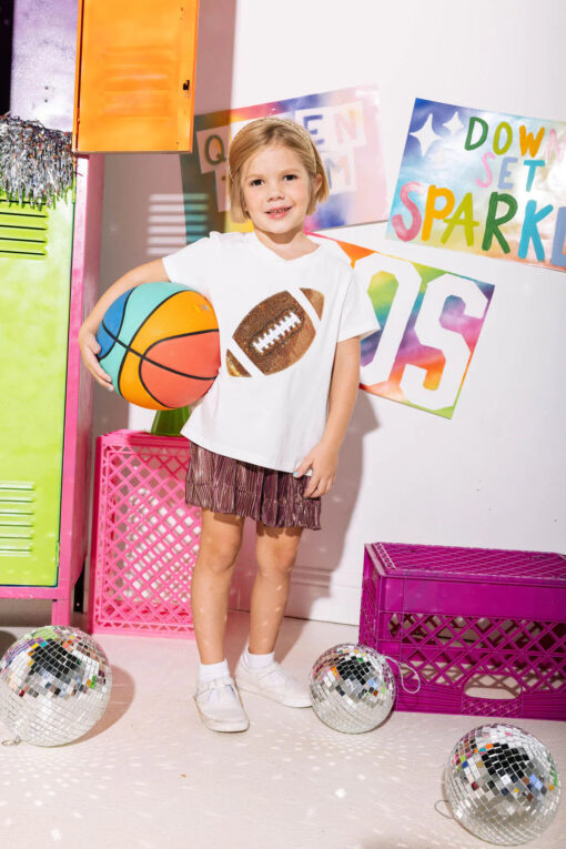 QUEEN OF SPARKLES-KIDS GOLD FOOTBALL WHITE TEE - Image 3