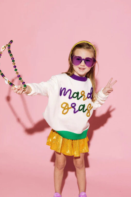 QOS-KIDS MARDI GRAS GLITTER SCRIPT SWEATER