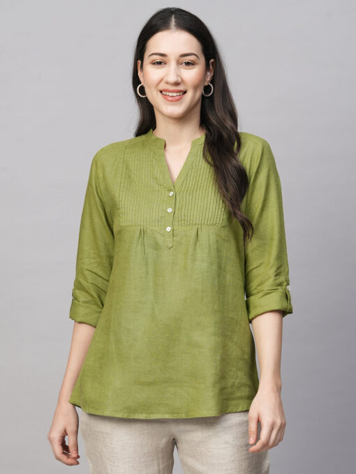 Women's Green Linen Regular Fit Blouse - Image 2