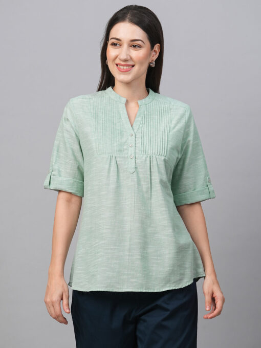 Women's Green Cotton Regular Fit Blouse - Image 2