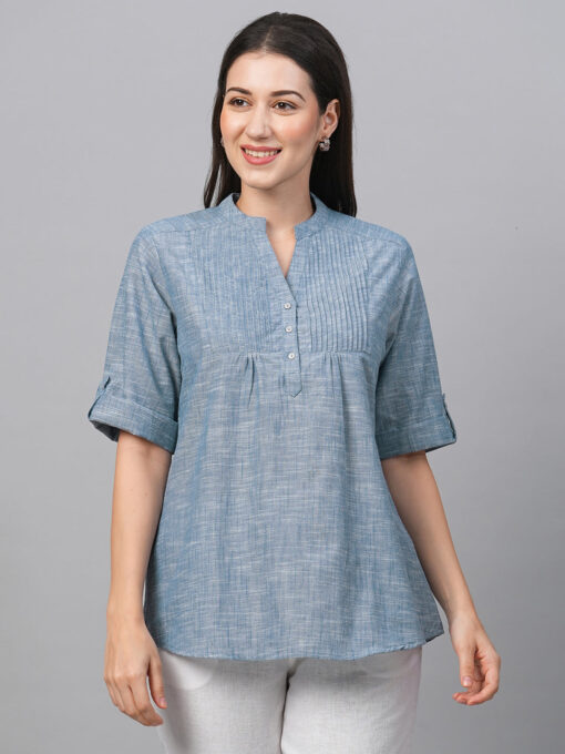 Women's Navy Cotton Regular Fit Blouse - Image 2