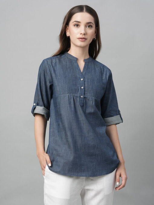 Women's Blue Cotton Regular Fit Blouse - Image 2