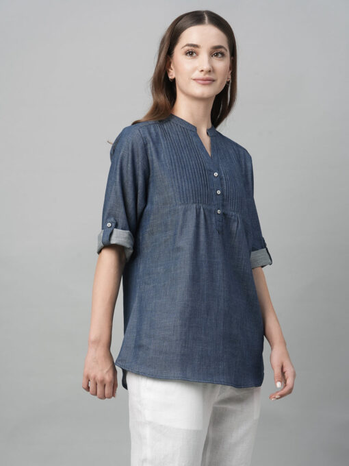 Women's Blue Cotton Regular Fit Blouse - Image 3