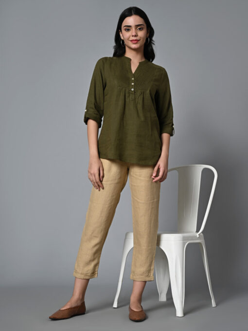 Women's Olive Linen Excel Regular Fit Blouse