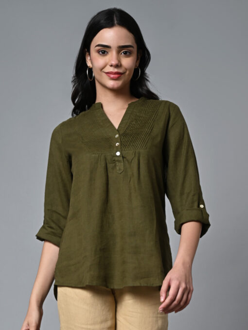 Women's Olive Linen Excel Regular Fit Blouse - Image 2