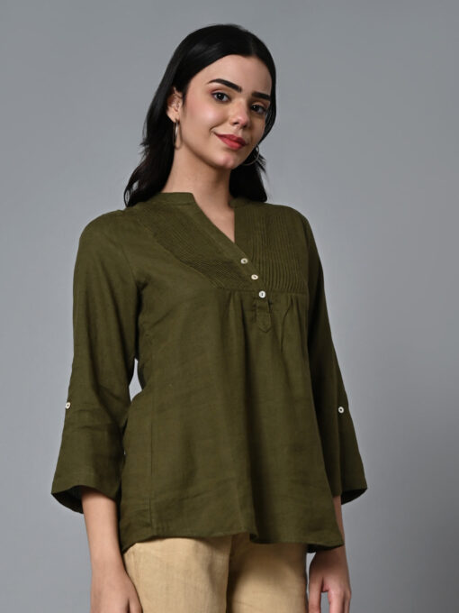 Women's Olive Linen Excel Regular Fit Blouse - Image 4